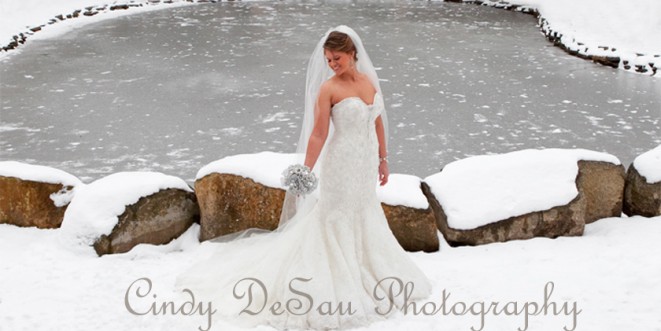 A bride, in her dress, standing in the snow in front of a frozen lake. Photo Credit reads "Cindy DeSau Photography"