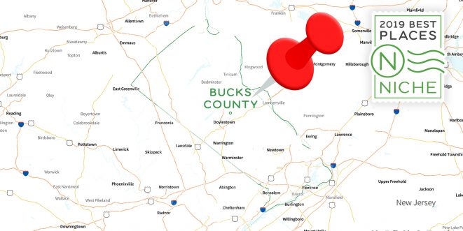 Map focused on Bucks County, with a big red pin in Bucks County.